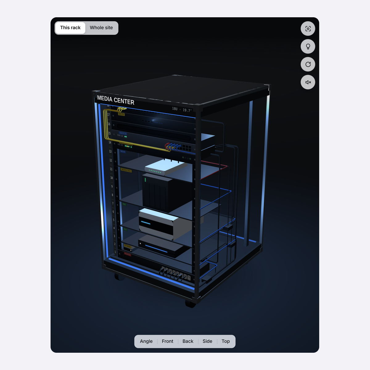 3D view of a media rack with the room dimmed and a blue LED strip
