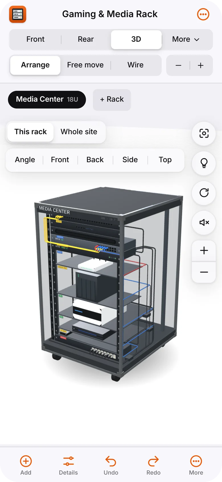 Rackline on a phone, showing a media rack in the 3D view